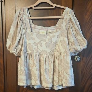 Cream and Light Pink Floral Puff Sleeve Peplum Top - Size Medium